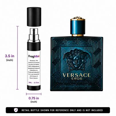 Versace Eros, presented as an independently repacked FragMini 5 mL / 0.17 oz eau de toilette travel spray. Original retail bottle and packaging are not included.