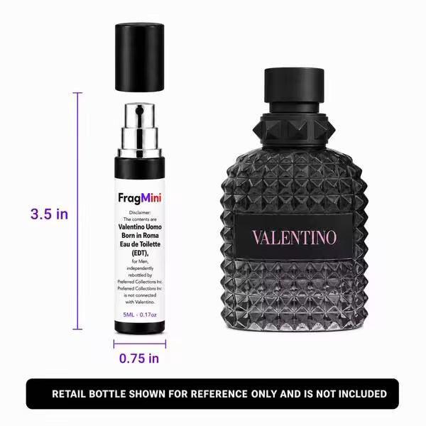Valentino Uomo Born in Roma, presented as an independently repacked FragMini 5 mL / 0.17 oz eau de toilette travel spray. Original retail bottle and packaging are not included.
