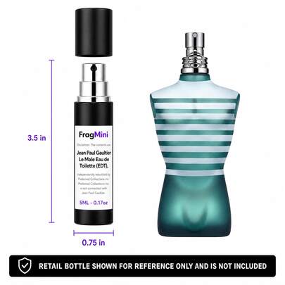 Jean Paul Gaultier Le Male, presented as an independently repacked FragMini 5 mL / 0.17 oz eau de toilette travel spray. Original retail bottle and packaging are not included.