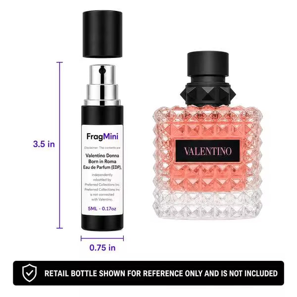 Valentino Donna Born in Roma, presented as an independently repacked FragMini 5 mL / 0.17 oz eau de parfum travel spray. Original retail bottle and packaging are not included.