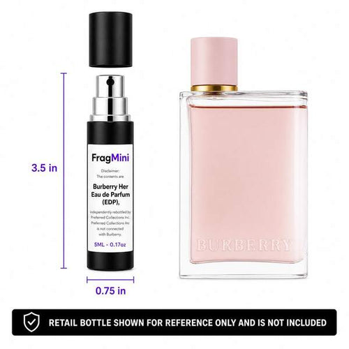 Burberry Her, presented as an independently repacked FragMini 5 mL / 0.17 oz eau de parfum travel spray. Original retail bottle and packaging are not included.