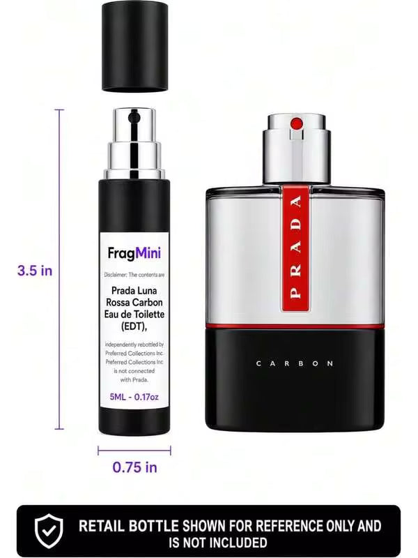 Prada Luna Rossa Carbon, presented as an independently repacked FragMini 5 mL / 0.17 oz eau de toilette travel spray. Original retail bottle and packaging are not included.