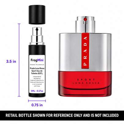 Prada Luna Rossa Sport, presented as an independently repacked FragMini 5 mL / 0.17 oz eau de toilette travel spray. Original retail bottle and packaging are not included.