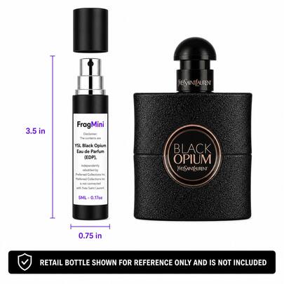 Yves Saint Laurent Black Opium, presented as an independently repacked FragMini 5 mL / 0.17 oz eau de parfum travel spray. Original retail bottle and packaging are not included.