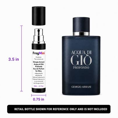 Giorgio Armani Acqua di Giò Profondo, presented as an independently repacked FragMini 5 mL / 0.17 oz eau de parfum travel spray. Original retail bottle and packaging are not included.