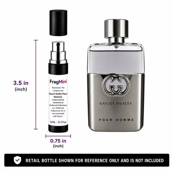 Gucci Guilty Pour Homme, presented as an independently repacked FragMini 5 mL / 0.17 oz eau de toilette travel spray. Original retail bottle and packaging are not included.